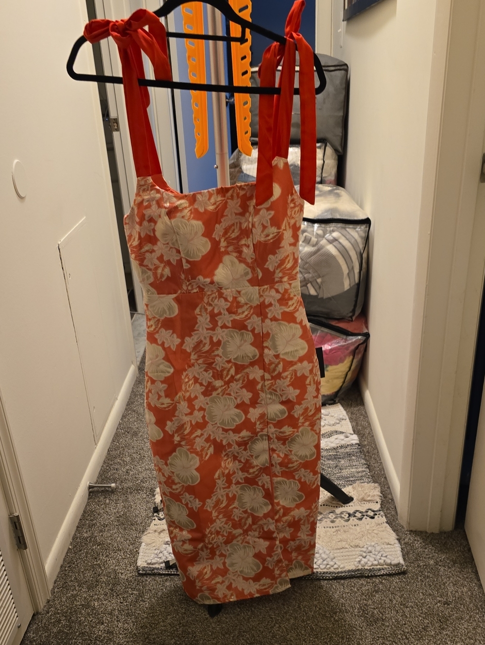 NWT Lulu's Orange and Cream Floral Tie-Shoulder Midi Dress